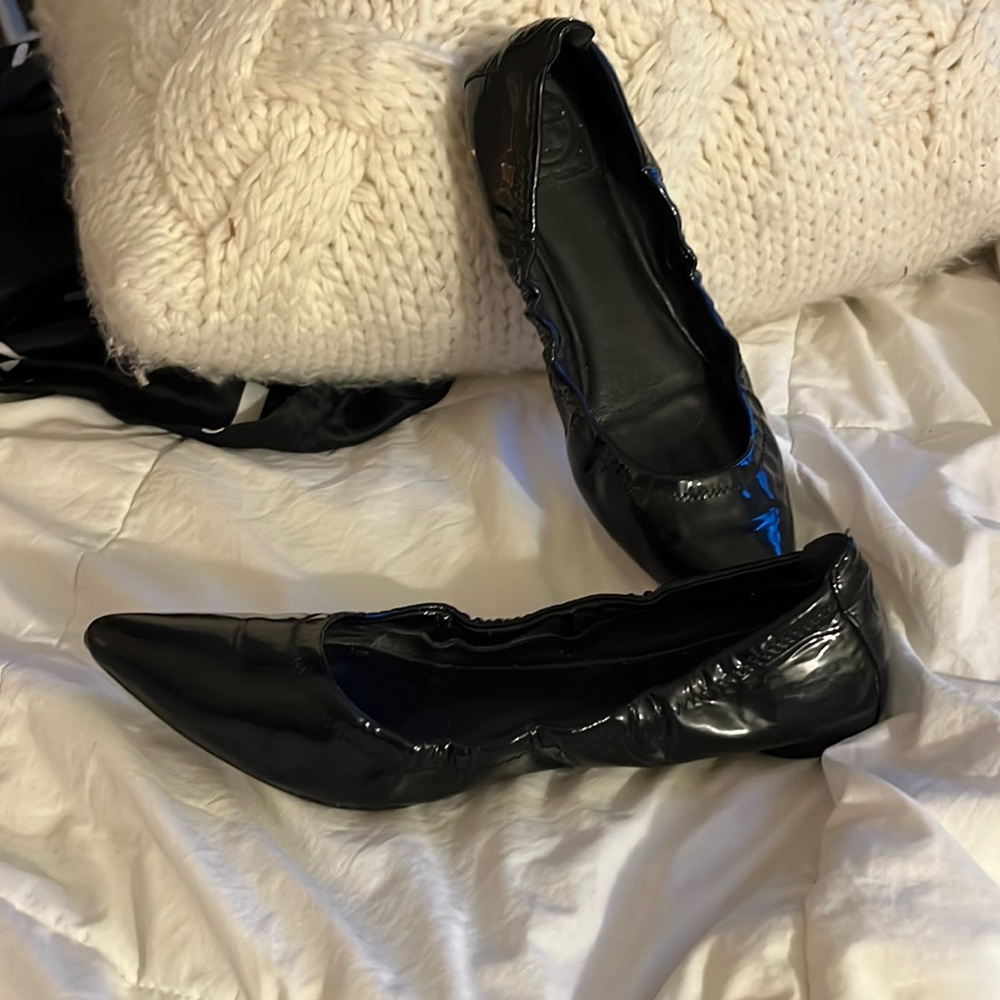 Tory Burch black patent leather pointed ballet flats